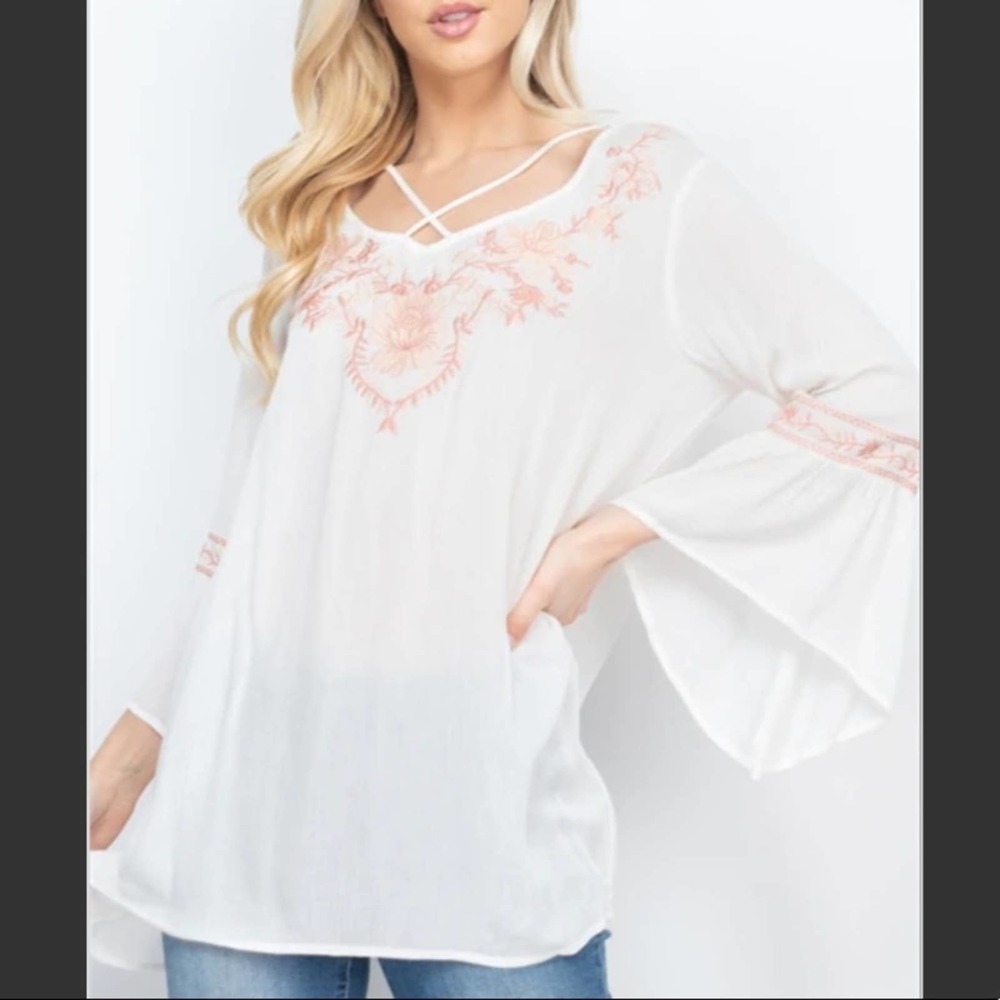 MITTOSHOP Embroidered Bell Sleeve Boho Blouse S